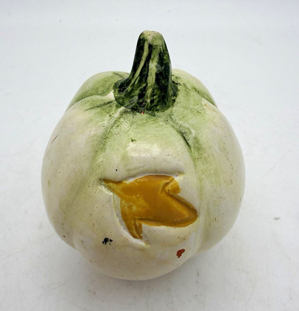 White resin Pumpkin Decor Figurine Green Stem Gold Leaf Accent, 1 Pack